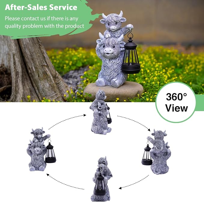 Goodeco 9.5 Inch Highland Cow with Solar Lantern – Resin Garden Decor, Outdoor Statue & Unique Highland Cow Gifts (Gray) - Image 4