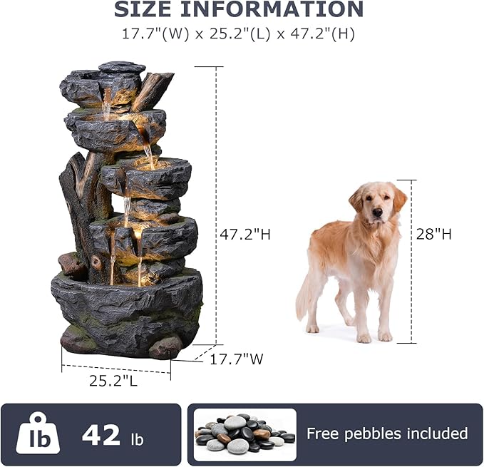 47.2" Tall Outdoor Water Fountain 5-Tier Large Cascading Waterfall Fountain Realistic Rock & Tree Trunk Design with LED Lights, Relaxing Water Flow for Garden, Patio, Backyard & Porch Decor