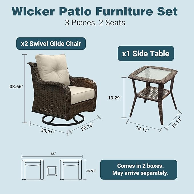 Patio Furniture Set, 3PCS Outdoor Wicker Conversation Set with 6" Thick Cushions, High Back Swivel Rocker Chairs, Weather Resistant Olefin Fabric for Garden, Poolside, Beige