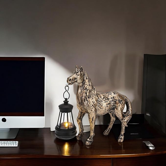 Horse Garden Statue with Lantern 7.5x6.8 inch, Solar Lighted Outdoor Figurine Sculpture for Yard Lawn Patio Farmhouse, Whimsical Home Decor, Gift for Housewarming Birthday Christmas (Bronze Color)