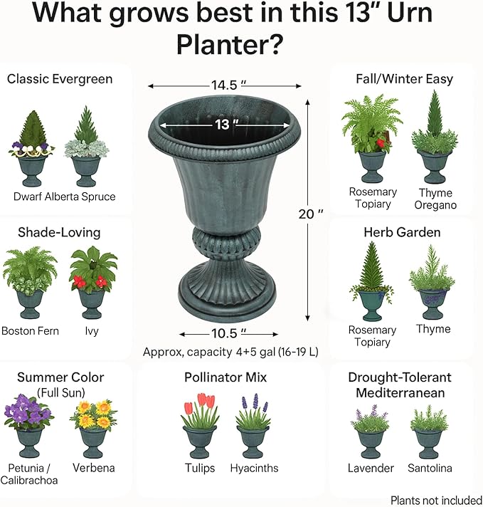 MoNiBloom 20-Inch Plastic Urn Planter Vase for Outdoor Indoor Plants Garden Patio Vintage Decorative Wedding Pedestal Roman Flower Pot Decoration Retro Home Front Porch Door Decor (Dark Green)