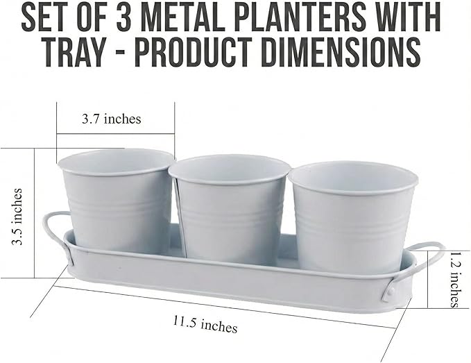 Herb Garden Planter Set ?€? 3-Pcs Set Galvanized Metal Herb Planters for Indoors Plants with Tray ?€? Indoor Plant Pots for Apartment Window, Balcony, Garden ?€? Potting Pots for Herbs and Flowers
