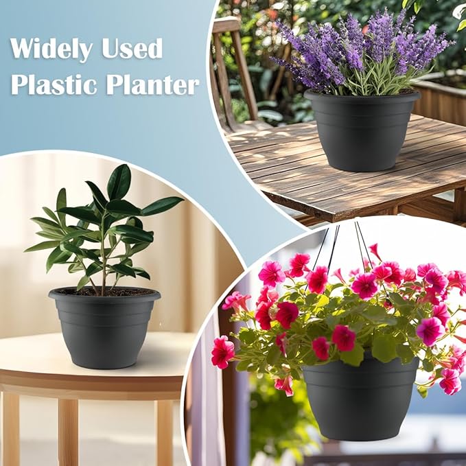 3 Pack 11 Inch Plant Pots with Drainage Hole and Plug,Plastic Flower Pots for Indoor & Outdoor Plants,Lightweight Plant Pots Perfect for Herbs,Flowers & Succulents(Gray)