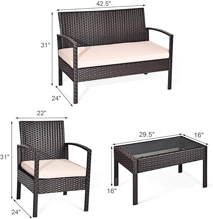 4 Pieces Patio Furniture Set, Wicker Conversation Set with Water-Resistant Cushion & Tempered Glass Table, Porch Deck Furniture Outdoor Rattan Chair for Backyard, Balcony(Beige)