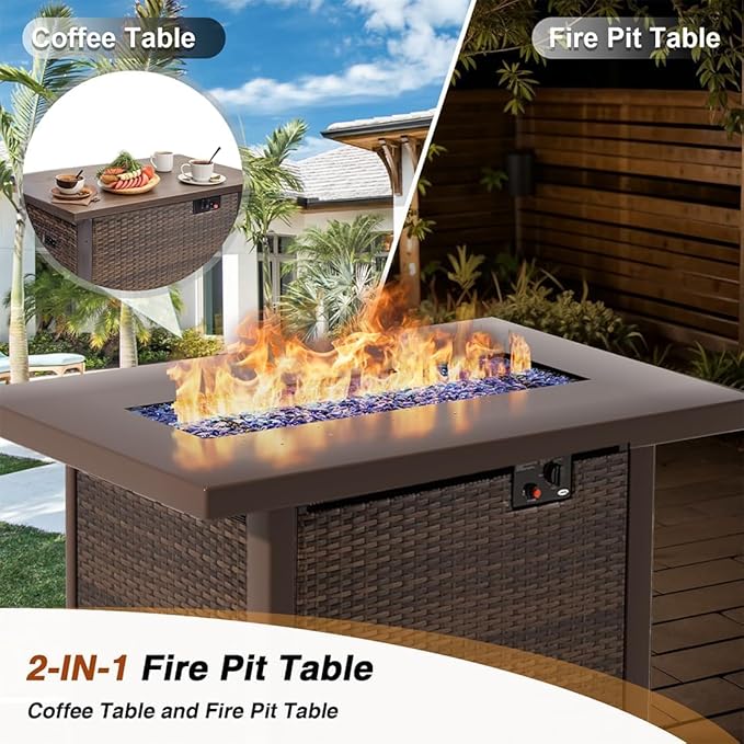 13 Piece Patio Furniture Set with Fire Pit Table All Weather PE Rattan Outdoor Sectional Sofa Couch with No-Slip Cushions for Garden, Poolside, Backyard (Blue)