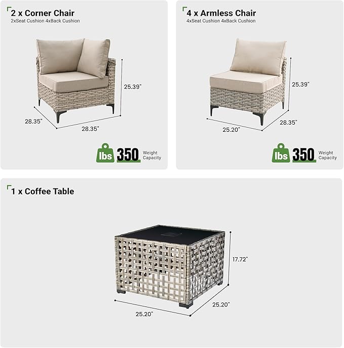 ovios 7 Piece Outdoor Patio Furniture with Glowing Coffee Table, Rattan Wicker Conversation Set with Sofa, Sectional Single Chairs for Outside Porch Balcony Backyard Pool,Beige