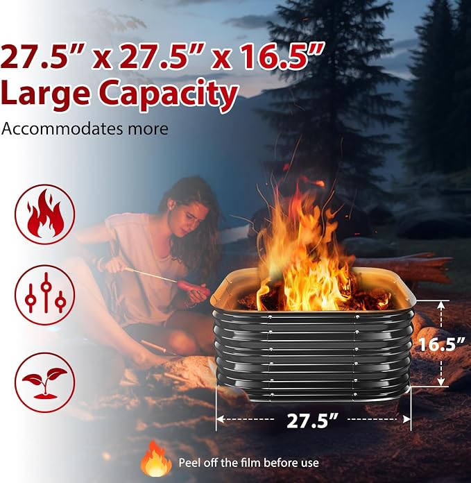 Height 16.5 Inch, Square Galvanized Steel Fire Pit for Outside, Heavy Duty Steel Fire Pit In-Ground for Backyard, Camping, Bonfire, Flower Raised Garden Bed for Garden (2.3x2.3x1.5ft) - Image 3