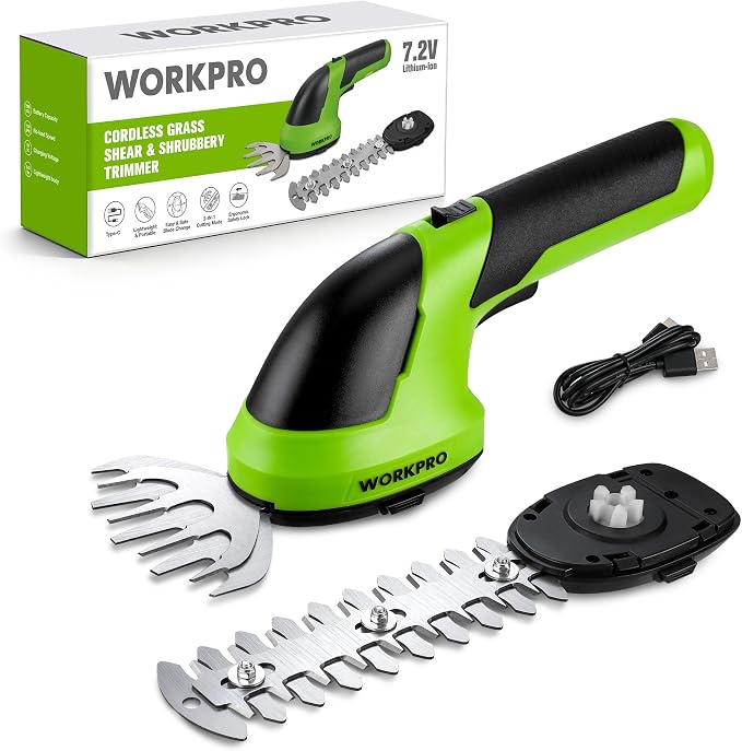 WORKPRO Cordless Grass Shear & Shrubbery Trimmer - 2 in 1 Handheld 7.2V Electric Grass Trimmer Hedge Shears/Grass Cutter Rechargeable Lithium-Ion Battery and Type-C Cable Included by WORKPRO