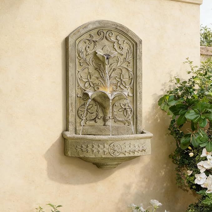 Vintage Wall-Mounted Outdoor Fountain, 28.3" H Resin Garden Water Feature with Floral Carving, Decorative Antique Wall Waterfall for Patio, Yard, Porch & Home Décor