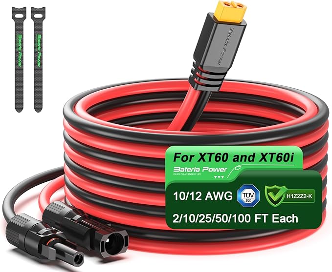Bateria Power Solar to XT60 Charge Extension Cable, 12AWG 15Ft Solar Connector to XT60 Adapter Cable for Solar Panel to Portable Power Station Solar Generator LiFePO4 Battery RV by BateriaPower
