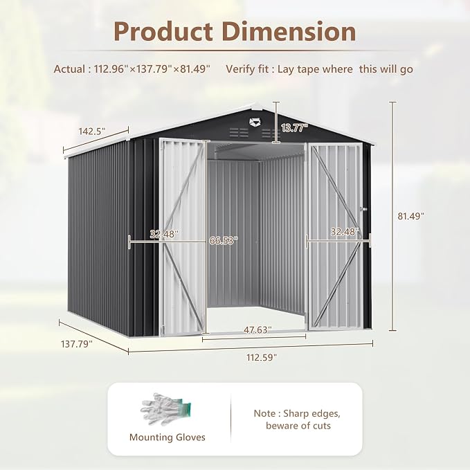 10x12 FT Outdoor Storage Shed, Metal Garden Shed - Tool Storage Sheds with Lockable Doors, Waterproof Outside Storage Building for Backyard, Patio (Black; Floor Not Included) - Image 4