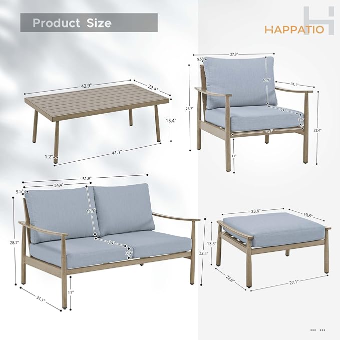 HAPPATIO Patio Outdoor Furniture Set - 6 Pieces Aluminum Outdoor Conversation Set with 1 Cushioned Loveseat, 2 Armchairs, 1 Coffee Table, and 2 Ottomans for Yard, Porch, and Deck (Brown)