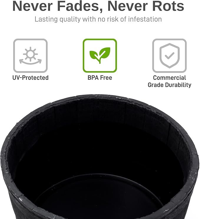 RTS Companies Home Accents 24" Whiskey Barrel Planter, Durable Polyethylene Indoor/Outdoor Flower Pot, Weather-Resistant Plastic Garden Planter, Black, 1-Pack