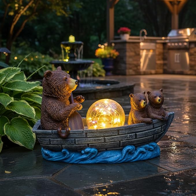 Solar Bears Boating Statue with Ball Light 5" Resin Bear Figurines Waterproof Bear Decorations for Home Yard Patio Porch Balcony Best Garden Gifts for Women Mothers Grandmothers Sisters