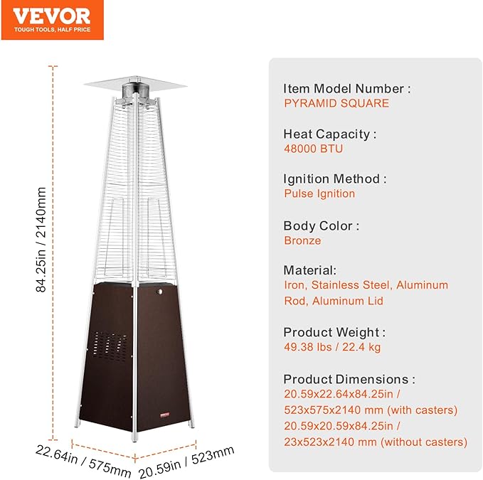 VEVOR Patio Heater for Outdoor Use, 48000BTU Pyramid Propane Heater w/Wheels, Quartz Glass Tube Outdoor Patio Flame Heater for Patio, Party, Backyard, Garden, Decoration, Hammered Bronze