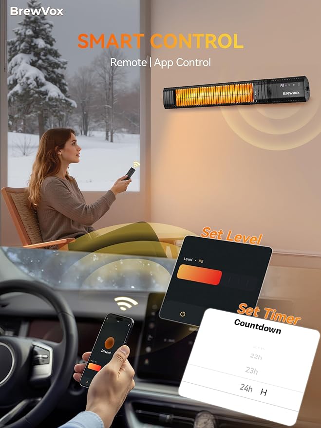1500W Carbon Infrared Electric Outdoor Patio Heater, 9 Level Instant Warmth, Smart App-Controlled Remote On/Off, IP65 Weatherproof, 24H Timer for Living Room, Bedroom, Garage