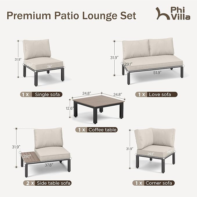 PHI VILLA 6 Pieces Outdoor Patio Furniture Set,Metal Frame Modern Outdoor Sectional Sofa Set,6 Seats Patio Conversation Sets with Coffee Table&Thickened Cushion,for Poolside and Backyard,Light Grey