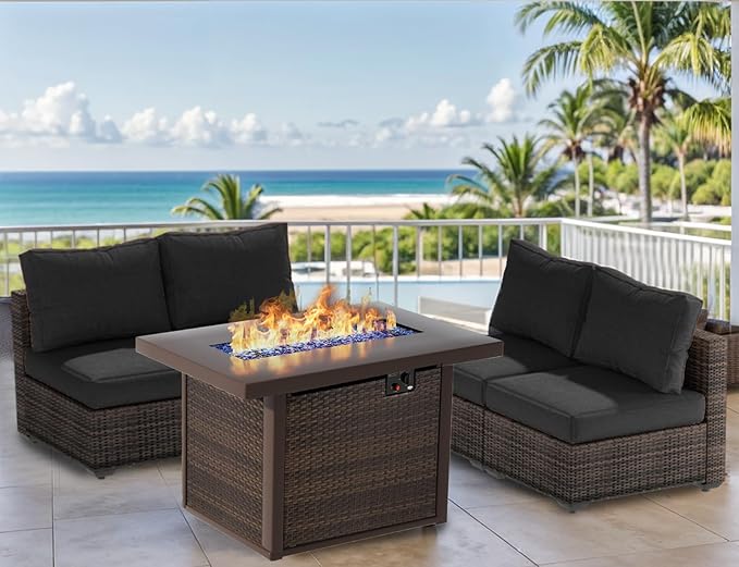 Grezone 5 Piece Patio Furniture Set with 44" Fire Pit Table, Outdoor Sectional Couch, PE Rattan Patio Conversation Sets with 4inch Cushions for Backyard Black