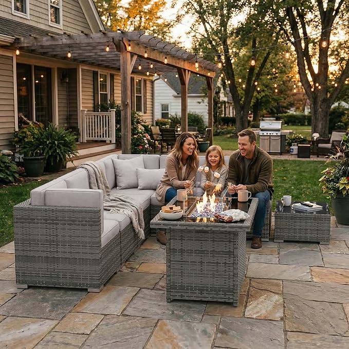 8 Pieces Patio Furniture Set with 44" Propane Gas Fire Pit Table, Outdoor Sectional Wicker Conversation Sofa Sets with Coffee Table