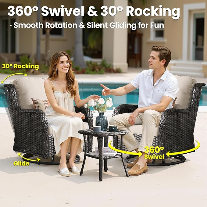 ovios 7-Piece Patio Furniture Set with Swivel Chairs Coffee Table, Outdoor Wicker Sofa with 54" Fire Pit Table, High Back Couch Modern Conversation Sets, Brown/Beige