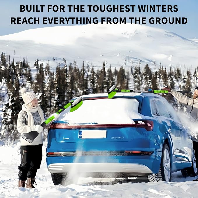 ShouRong Snow Shovel & Ice Scrapers for Car Windshield, Snow Brush and Ice Scraper with Squeegee, Snow Removal Tool, Winter Car Accessories,Extendable Aluminum Handle, 180°Pivoting Brush Head, Green - Image 6