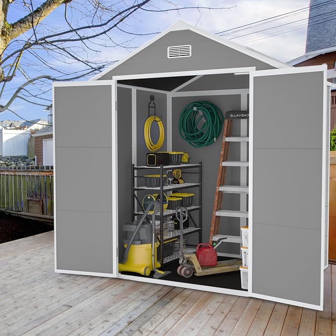 YOPTO 6x5 FT Resin Storage Shed,Garden House with Floor & Lockable Door,Waterproof Plastic Tool Sheds W/Slanting Roof Visual Window & Air Vents for Bicycles,Lawnmowers,Lawn,All Weather Use,Gray - Image 12