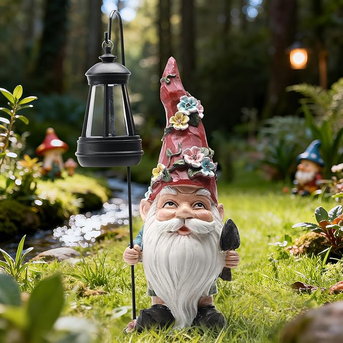 Garden Gnomes Statue with Solar Lantern, Outdoor Gnome Decorations for Yard, Outdoor Figurine Ornament with LED Lights for Patio Lawn, Valentine's Day Birthday Gift for Women Mom Grandma