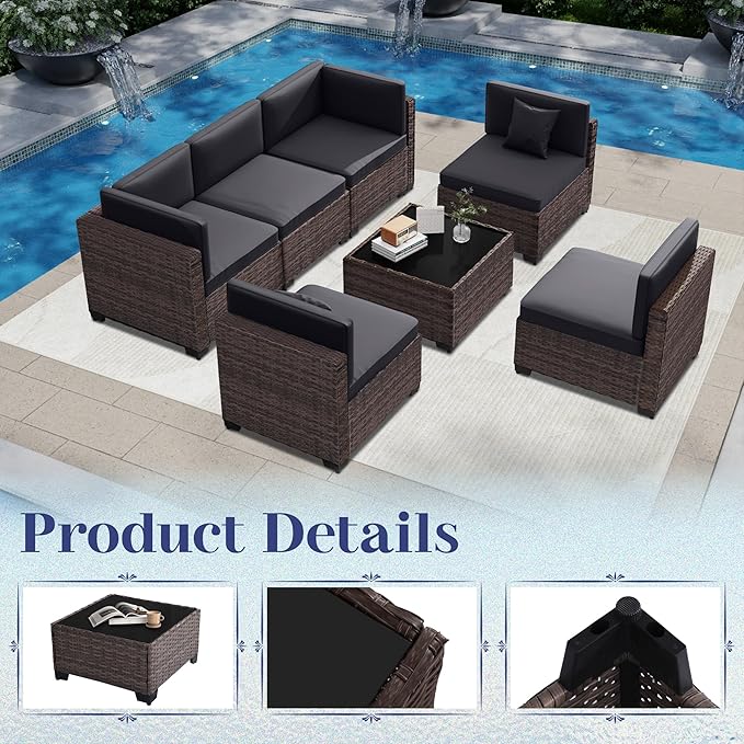 KIGOTY Patio Furniture Set,14 Pieces Modular Outdoor Sectional Sofa, PE Rattan Patio Conversation Set, All Weather Wicker Patio Furniture with Cushions and Coffee Table (Brown/Dark Grey)