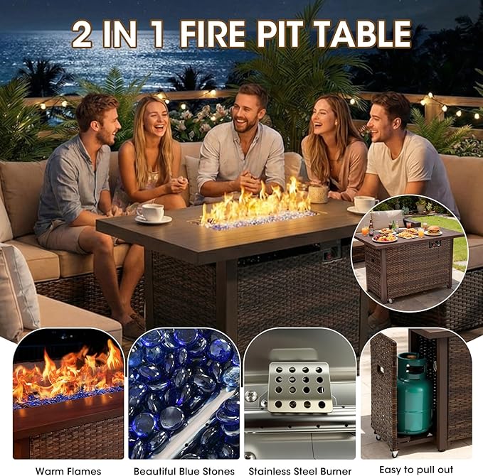 Grezone 7 Piece Patio Furniture Set with 44" Fire Pit Table, Outdoor Sectional Couch, PE Rattan Patio Conversation Sets with 4inch Cushions for Backyard Black (BK)