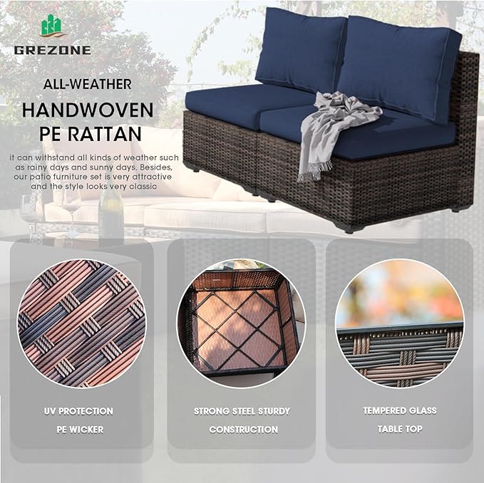 Grezone 5 Piece Patio Furniture Set with 44" Fire Pit Table, Outdoor Sectional Couch, PE Rattan Patio Conversation Sets with 4inch Cushions for Backyard Deep Blue (NY)