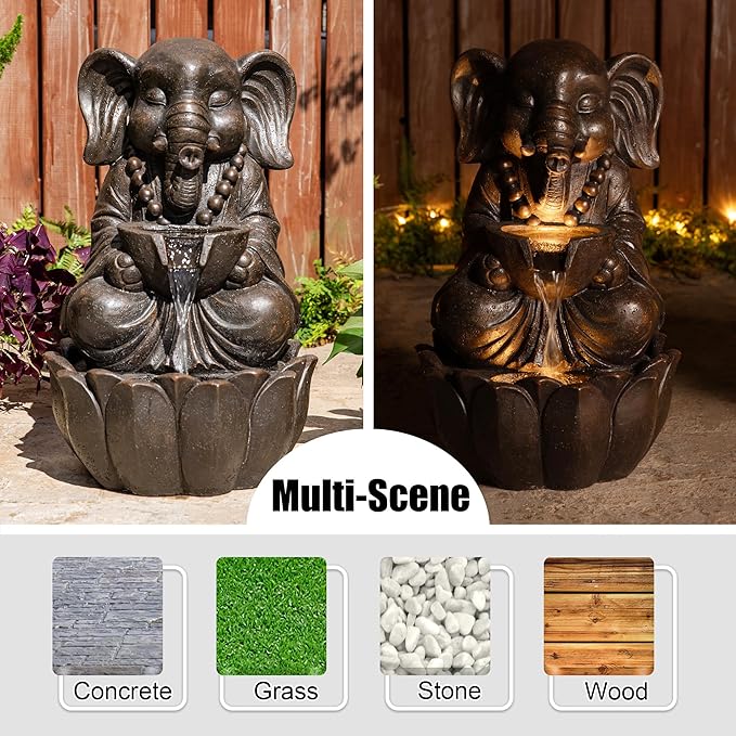 Glitzhome Outdoor Fountains, Water Fountains Outdoor with Lights&Pump, 21.75" H 2-Tiered Zen-Style Bronze Polyresin Elephant Garden Fountain Floor Standing Waterfall for Patio, Porch, or Yard Decor