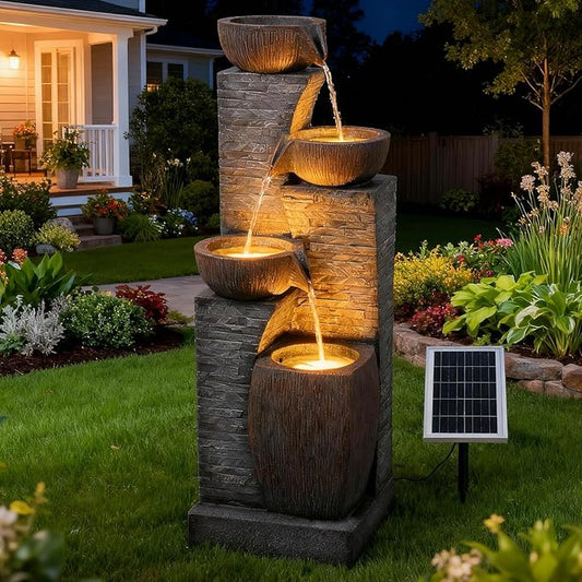 38.2" Tall Solar Water Fountain Outdoor Garden,Stone Texture Modern 4 Tiers Cascading Bowls Garden Fountains Outdoor,Suit for Patio, Deck, Porch, Lawns, Backyard and Home Art Decor