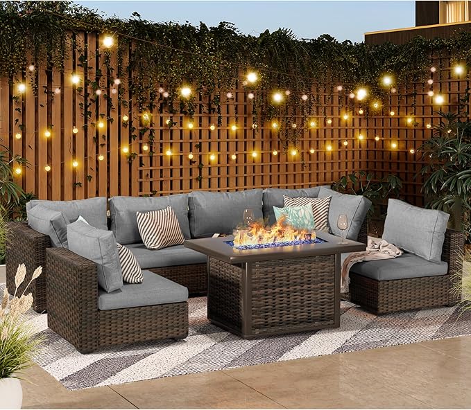 9 Piece Patio Furniture Set with 44" Fire Pit Table, Outdoor Sectional Couch, PE Rattan Patio Conversation Sets with 4inch Cushions for Backyard Grey