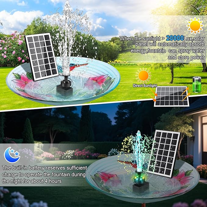 Solar Fountain Pump with Adjust Glass Panel, Upgrade 3.5W Solar Water Pump with Stake, 16.4ft Cable, 2000mAh Battery, Colorful Lights, Solar Powered Fountain Kits for Bird Bath, Hummingbird