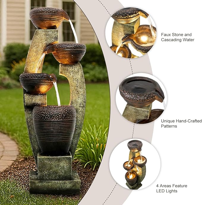 Naturefalls 40" Tall Outdoor Water Fountain and Waterfalls - Large Garden Fountain with LED Lights, 4-Tier Crocks, Indoor and Outdoor Fountains for Garden, Patio, Deck, Porch, Backyard and Home, Gray