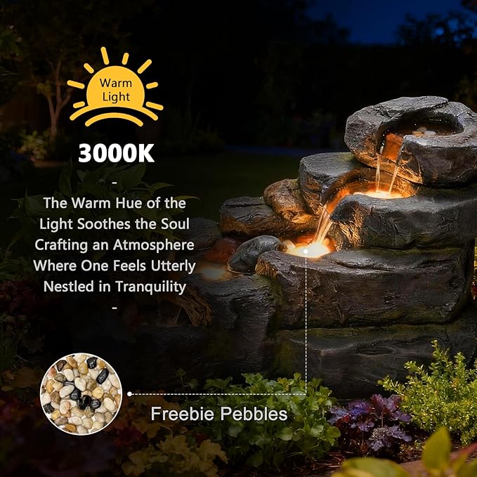 38.2" L Garden Outdoor Water Fountain 5 Tiers Floor Standing Rock Natural Waterfall Outdoor Fountains with LED Lights and Planting Pot for Patio, Porch,Backyard,Home Art Decor