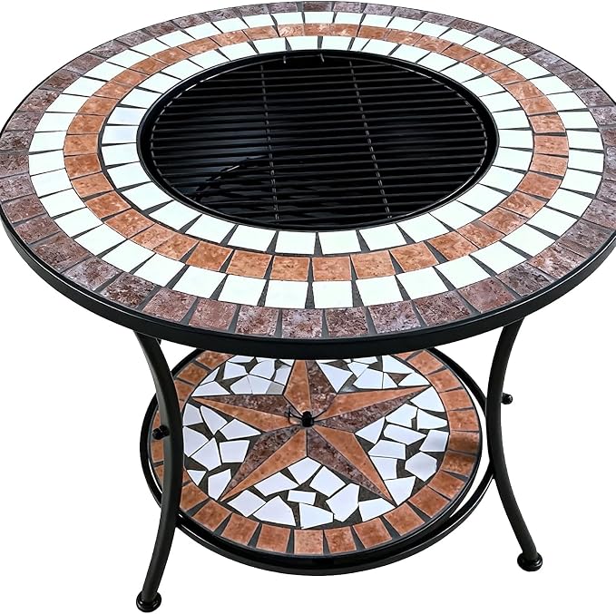 Mosaic Outdoor Fire Pit Table with BBQ Grill, Round Terracotta Pattern Top, Black Metal Stand, Patio Garden Decor Customized (Black) - Image 5