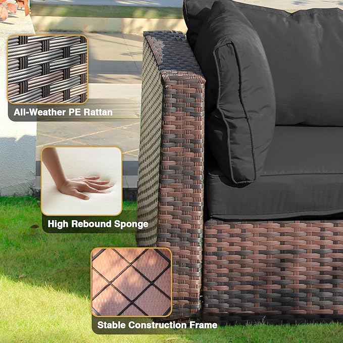 12 Piece Patio Furniture Set with Fire Pit Table, Outdoor Sectional Sofa PE Rattan, Patio Conversation Sets with Cushions for Garden Lawn Balcony Porch Deck Black