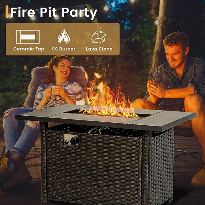 HOOOWOOO Patio Furniture Set,7 Piece Outdoor Furniture Set with Fire Pit Table,Wicker Patio Conversation Couch Swivel Chairs Ottoman Set,Navy Blue