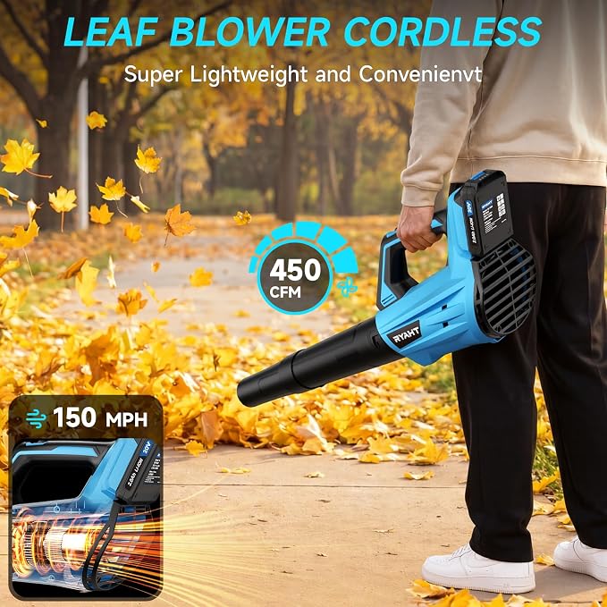 Leaf Blower Cordless, Electric Leaf Blower with 2 Batteries and Charger, 2 Speed Modes, Extension Tube, 20V Powerful Lightweight Blowers for Lawn Care, Blowing Leaves, Patio, Blue - Image 2
