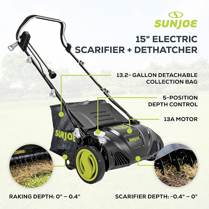 Sun Joe 15-Inch Electric Powered Lawn Dethatcher with Scarifier Blade Reel and Collection Bag - 13-Amp Corded Yard Power Rake Tool Machine for Grass Thatch Removal, AJ805E - Image 5