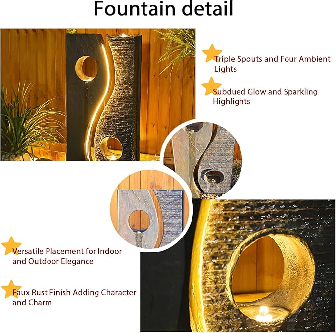 47 inches Water Fountain Outdoor Garden - Waterfall Indoor Modern Large Freestanding Water Feature Fountains Faux Rust Finish with LED Lights for Patio Yard Pool Home Decor