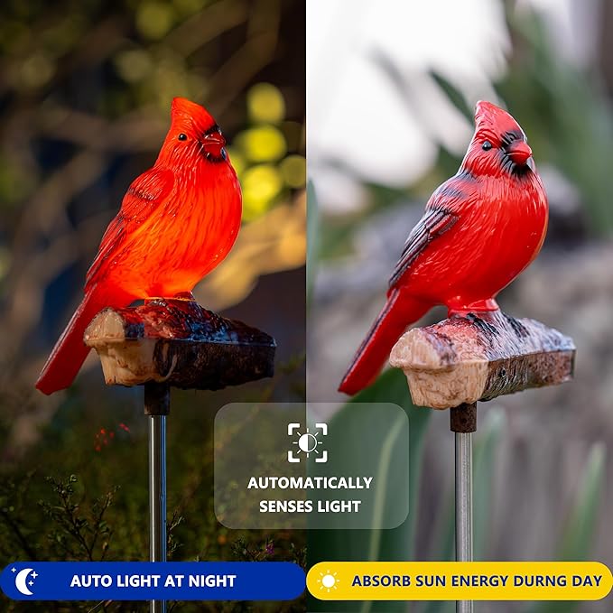 Cardinal Solar Lights Outdoor with Sound & Motion Sensor, Waterproof Red Bird Figurine Stake, Hand-Painted Memorial Garden Decor Gift for Mom Grandma