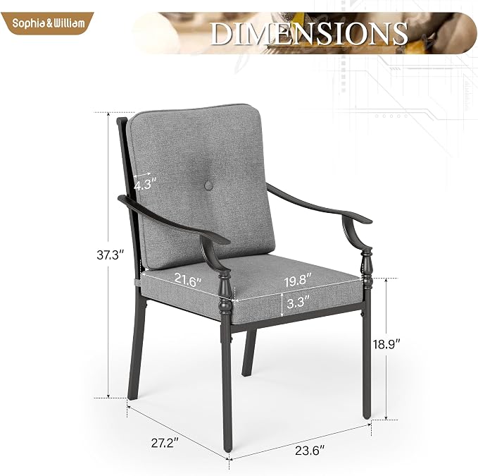 Sophia & William Outdoor Patio Dining Chairs Set of 6, Heavy Duty Outdoor Furniture Chairs with Thickened Cushions, Wrought Iron Deck Chairs for Backyard, Poolside, Balcony and Garden - Image 6