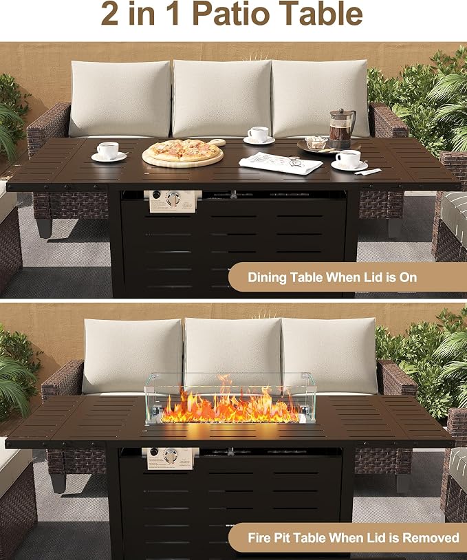 Hipicute 55" Outdoor Propane Fire Pit Table, 48,000 Btu Lp Gas Rectangular Fire Table with Ignition Systems and Lid,Outdoor Firetable with Glass Rocks for Patio Deck Garden Backyard - Image 3