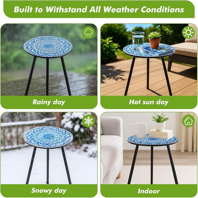 1 Pack Metal Mosaic Round Side Tables 13.4" Small Outdoor Patio Round Accent Coffee Tables Indoor Corner Stand for Small Spaces Weather-Resistant for Balcony, Porch Plant Stands Indoor, Light Blue - Image 5