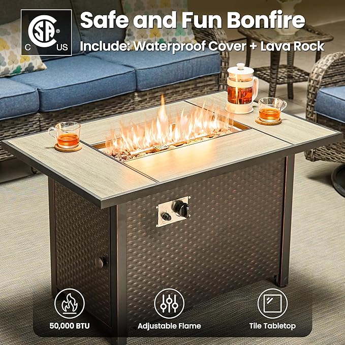 ovios 5-Piece Patio Furniture Set with Swivel Chairs Coffee Table, Outdoor Wicker Sofa with 42" Fire Pit Table, High Back Couch Modern Conversation Sets, Grey/Denim Blue