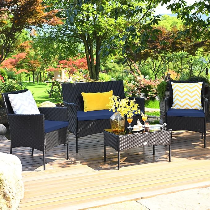 4 Pieces Patio Furniture Set, Outdoor Conversation Set with Ergonomic Curved Backrest, Patio Chair Set with Water-Resistant Cushion & Tempered Glass Table for Balcony, Porch (Navy Blue)