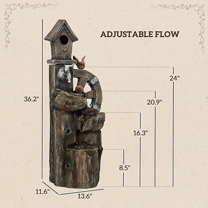 Outsunny Outdoor Water Fountain, Decorative Garden Birdhouse, 3-Tier Cascading Waterfall with LED Lights and Water Wheel, Soothing Tranquility for Home Garden, Yard Decor