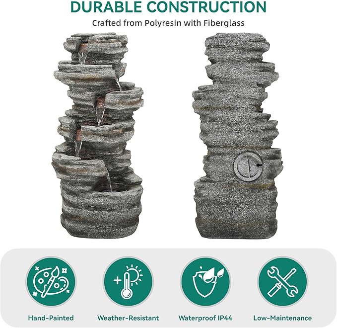 40"H Stacked Stone Water Fountain Outdoor with LED Lights, 6-Tier Extra-Lage Cascading Rock Waterfall for Outdoor Patio Garden Backyard, Weather-Resistant Resin Water Feature for Serene Oasis